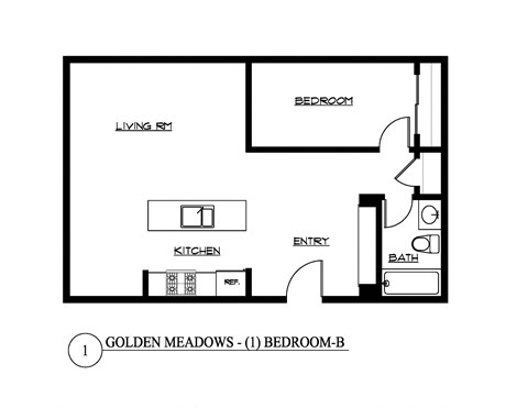 Floor plan for 1 bed, 1 bath, 600 sqft